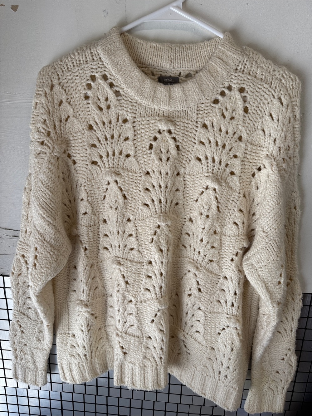 aerie Cream Openwork Cable Knit Crew Sweater